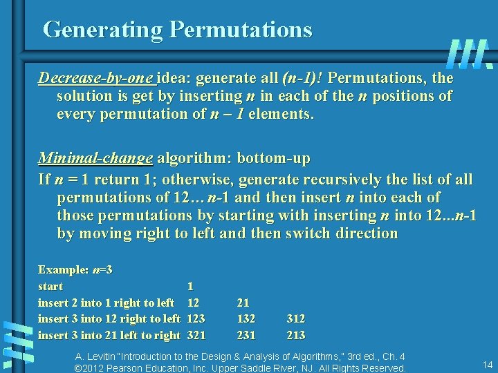 Generating Permutations Decrease-by-one idea: generate all (n-1)! Permutations, the solution is get by inserting