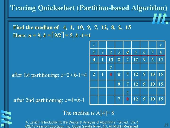 Tracing Quickselect (Partition-based Algorithm) Find the median of 4, 10, 9, 7, 12, 8,