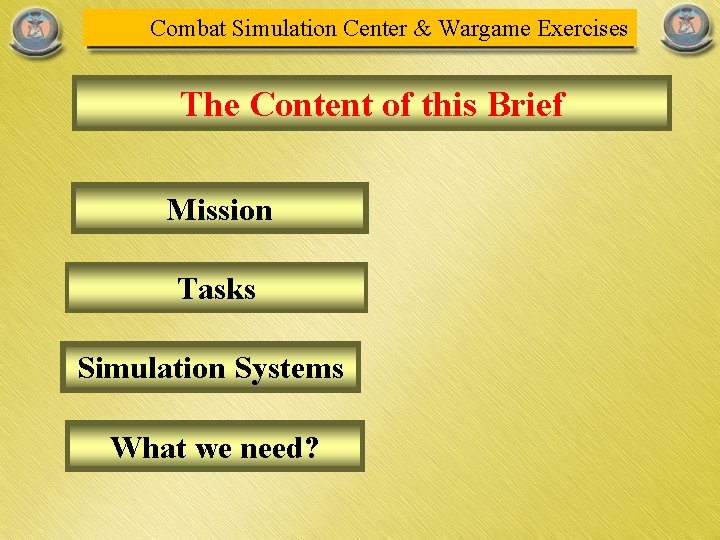 Combat Simulation Center & Wargame Exercises The Content of this Brief Mission Tasks Simulation