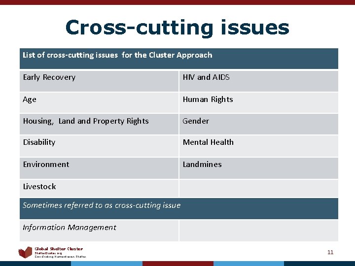 Cross-cutting issues List of cross-cutting issues for the Cluster Approach Early Recovery HIV and
