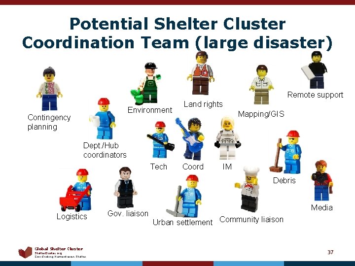 Potential Shelter Cluster Coordination Team (large disaster) Remote support Environment Contingency planning Land rights
