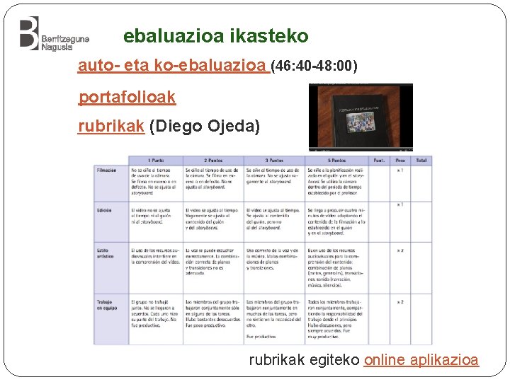 ebaluazioa ikasteko auto- eta ko-ebaluazioa (46: 40 -48: 00) portafolioak rubrikak (Diego Ojeda) rubrikak