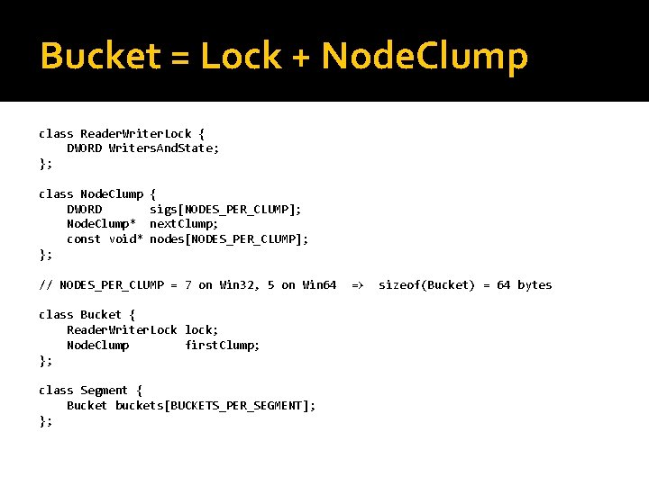 Bucket = Lock + Node. Clump class Reader. Writer. Lock { DWORD Writers. And.