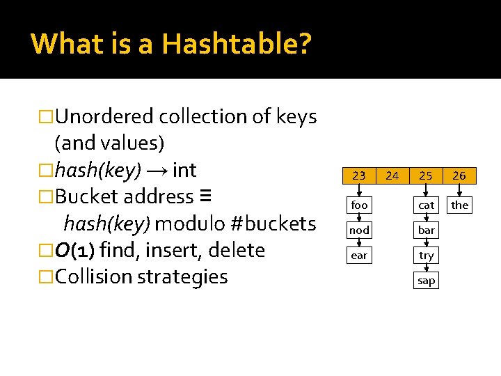 What is a Hashtable? �Unordered collection of keys (and values) �hash(key) → int �Bucket