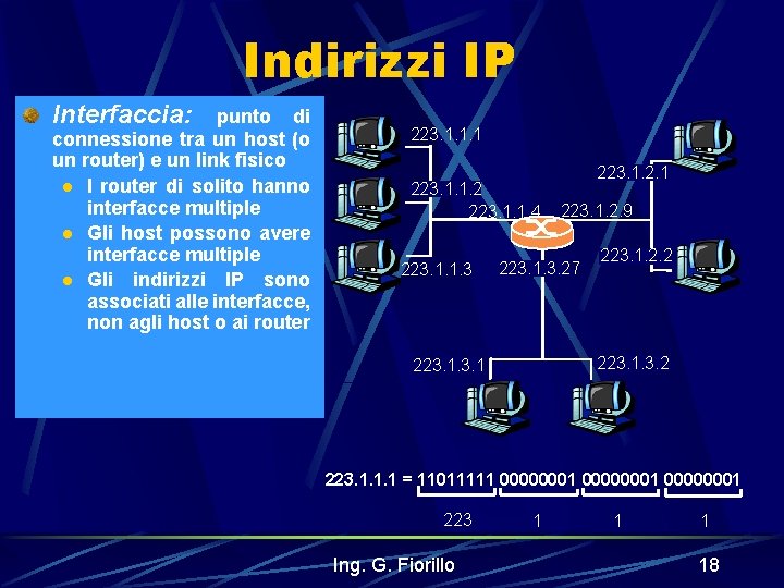 Indirizzi IP Interfaccia: punto di connessione tra un host (o un router) e un