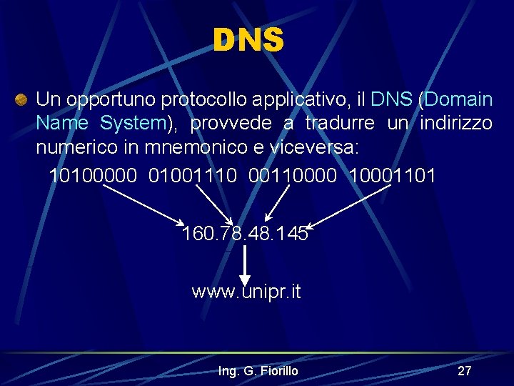 DNS Un opportuno protocollo applicativo, il DNS (Domain Name System), provvede a tradurre un