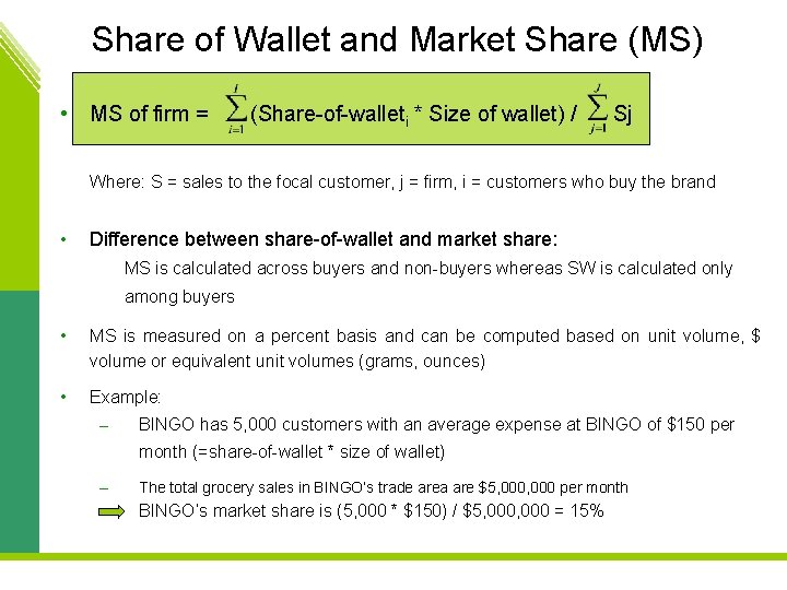 Share of Wallet and Market Share (MS) • MS of firm = (Share-of-walleti *