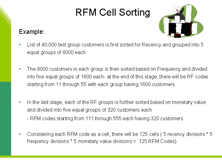 RFM Cell Sorting Example: • List of 40, 000 test group customers is first