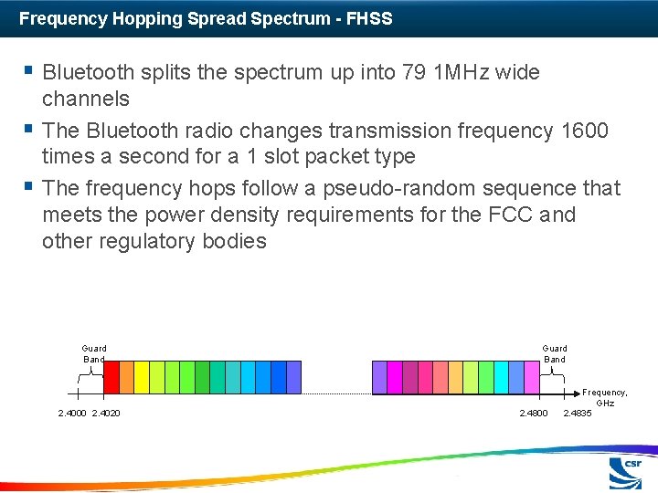 Frequency Hopping Spread Spectrum - FHSS § Bluetooth splits the spectrum up into 79