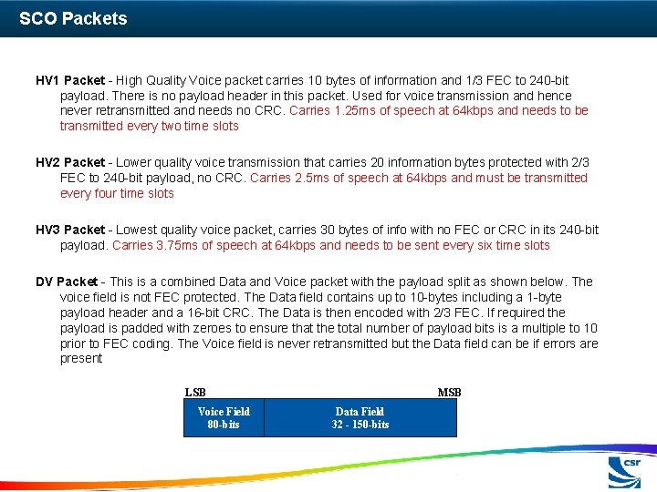 SCO Packets HV 1 Packet - High Quality Voice packet carries 10 bytes of