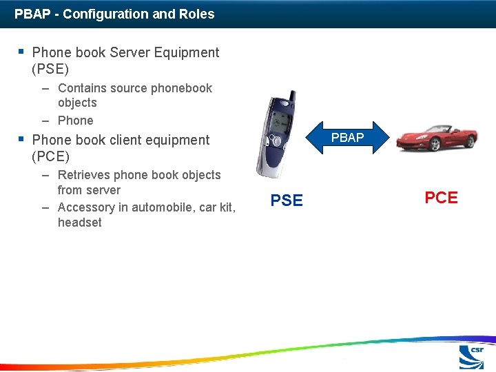 PBAP - Configuration and Roles § Phone book Server Equipment (PSE) – Contains source
