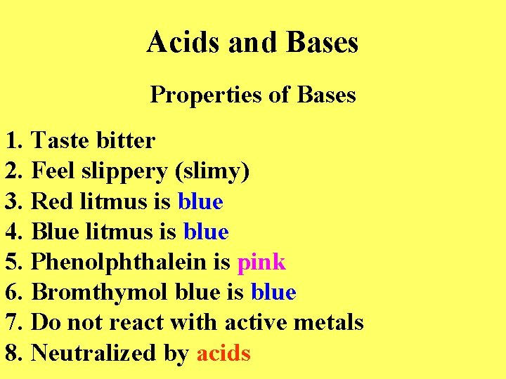 Acids and Bases Properties of Bases 1. Taste bitter 2. Feel slippery (slimy) 3.