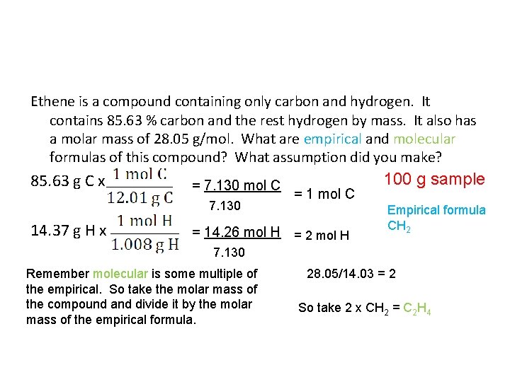 Ethene is a compound containing only carbon and hydrogen. It contains 85. 63 %