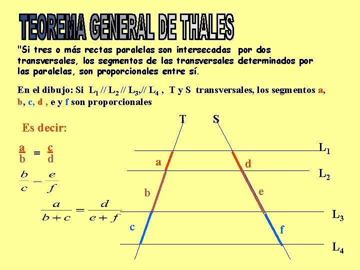 "Si tres o más rectas paralelas son intersecadas por dos transversales, los segmentos de