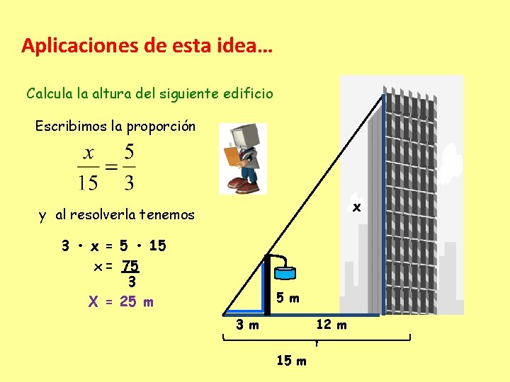 Aplicaciones de esta idea… Calcula la altura del siguiente edificio Escribimos la proporción x