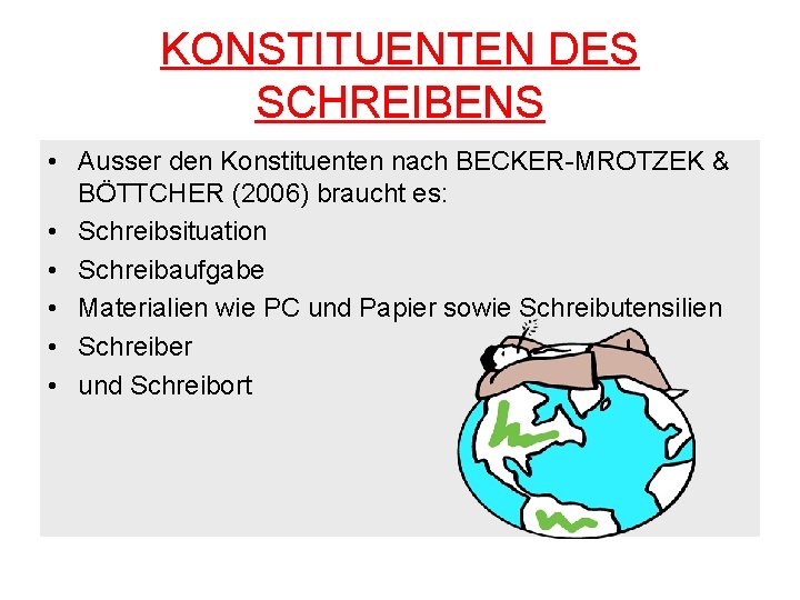 KONSTITUENTEN DES SCHREIBENS • Ausser den Konstituenten nach BECKER-MROTZEK & BÖTTCHER (2006) braucht es: