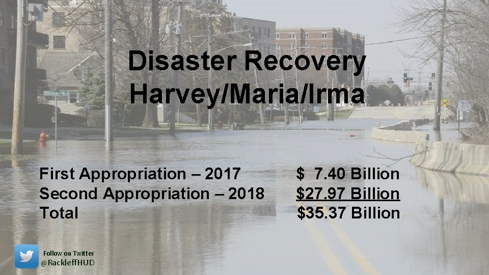 Disaster Recovery Harvey/Maria/Irma First Appropriation – 2017 Second Appropriation – 2018 Total Follow on