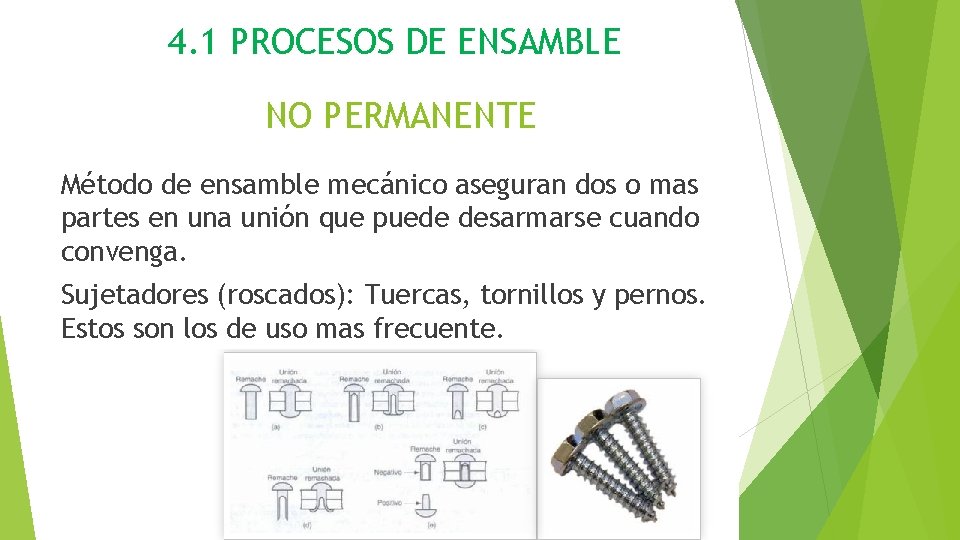 4. 1 PROCESOS DE ENSAMBLE NO PERMANENTE Método de ensamble mecánico aseguran dos o