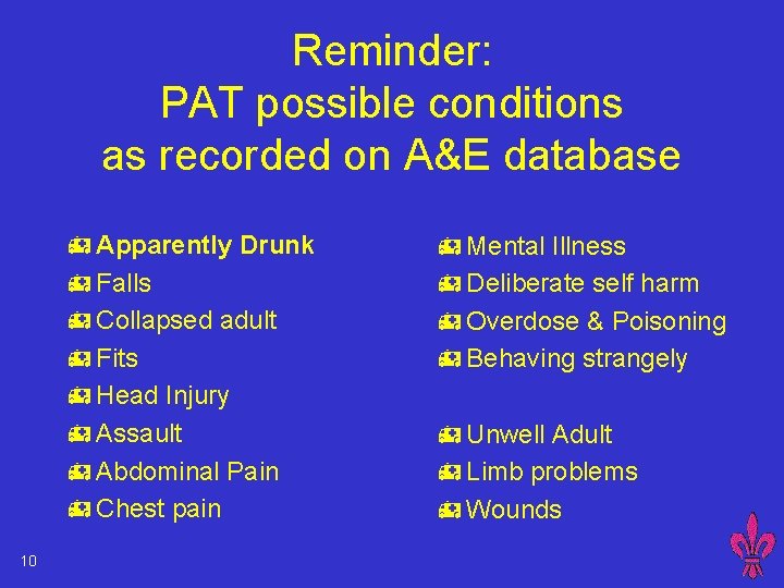 Reminder: PAT possible conditions as recorded on A&E database h Apparently Drunk h Falls