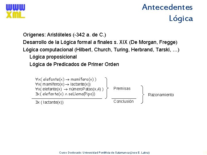 Antecedentes Lógica Orígenes: Aristóteles (-342 a. de C. ) Desarrollo de la Lógica formal
