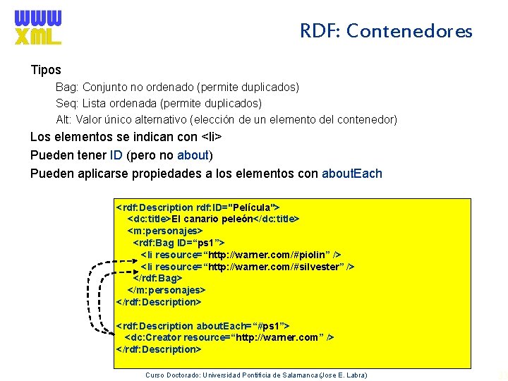 RDF: Contenedores Tipos Bag: Conjunto no ordenado (permite duplicados) Seq: Lista ordenada (permite duplicados)