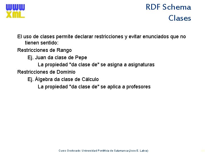 RDF Schema Clases El uso de clases permite declarar restricciones y evitar enunciados que