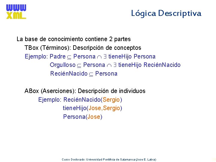 Lógica Descriptiva La base de conocimiento contiene 2 partes TBox (Términos): Descripción de conceptos
