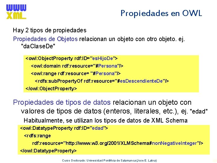 Propiedades en OWL Hay 2 tipos de propiedades Propiedades de Objetos relacionan un objeto