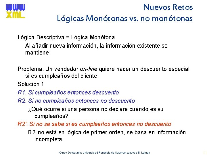 Nuevos Retos Lógicas Monótonas vs. no monótonas Lógica Descriptiva = Lógica Monótona Al añadir