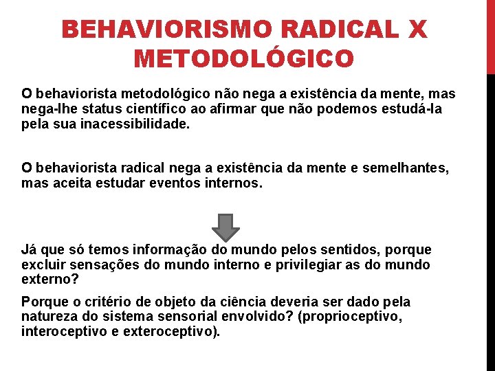 BEHAVIORISMO RADICAL X METODOLÓGICO O behaviorista metodológico não nega a existência da mente, mas