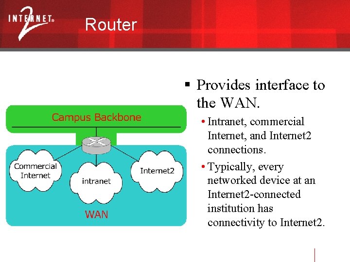 Router Provides interface to the WAN. • Intranet, commercial Internet, and Internet 2 connections.