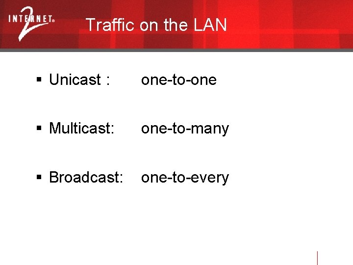 Traffic on the LAN Unicast : one-to-one Multicast: one-to-many Broadcast: one-to-every 