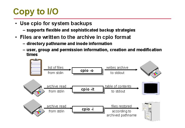 Copy to I/O • Use cpio for system backups – supports flexible and sophisticated