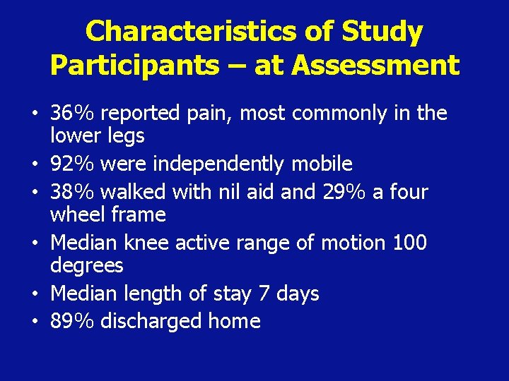 Characteristics of Study Participants – at Assessment • 36% reported pain, most commonly in