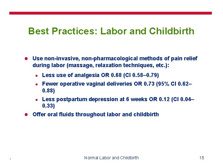 Best Practices: Labor and Childbirth l Use non-invasive, non-pharmacological methods of pain relief during
