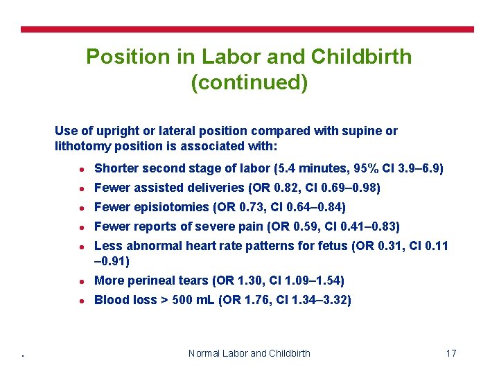 Position in Labor and Childbirth (continued) Use of upright or lateral position compared with