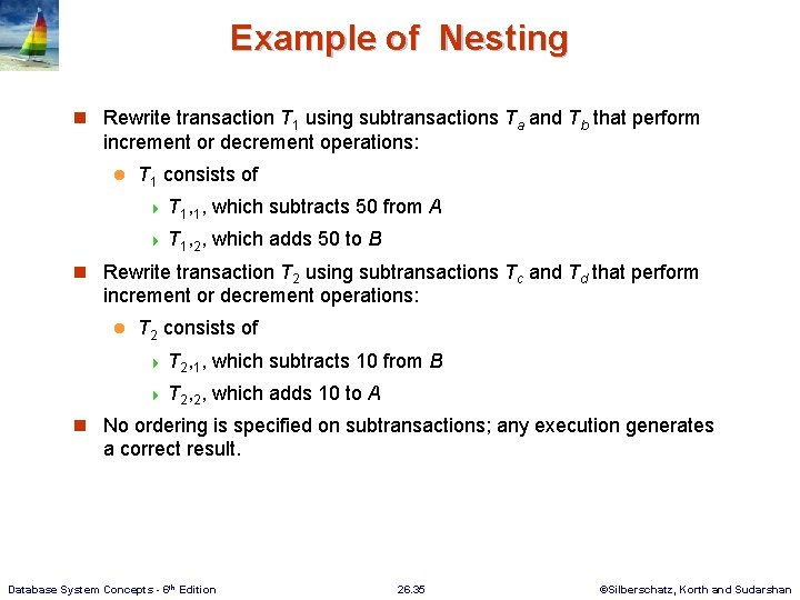 Example of Nesting n Rewrite transaction T 1 using subtransactions Ta and Tb that