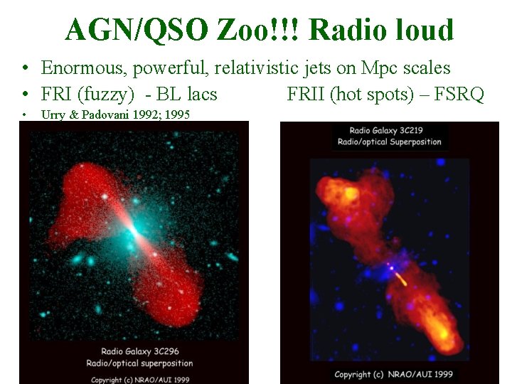 AGN/QSO Zoo!!! Radio loud • Enormous, powerful, relativistic jets on Mpc scales • FRI