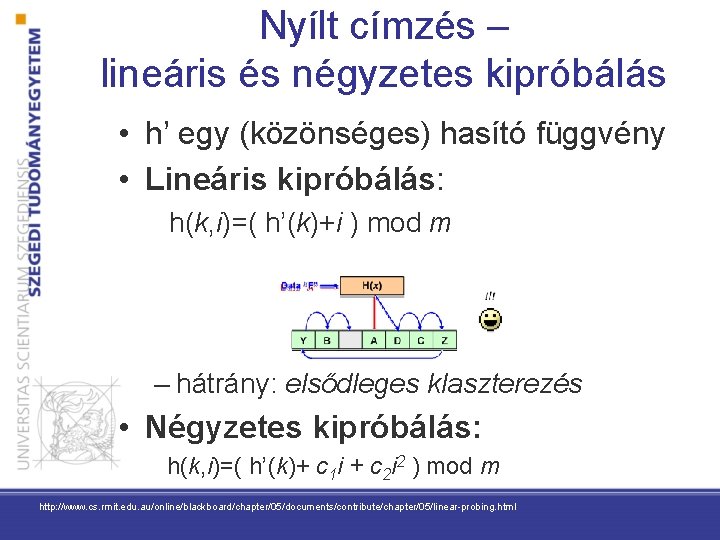 Nyílt címzés – lineáris és négyzetes kipróbálás • h’ egy (közönséges) hasító függvény •