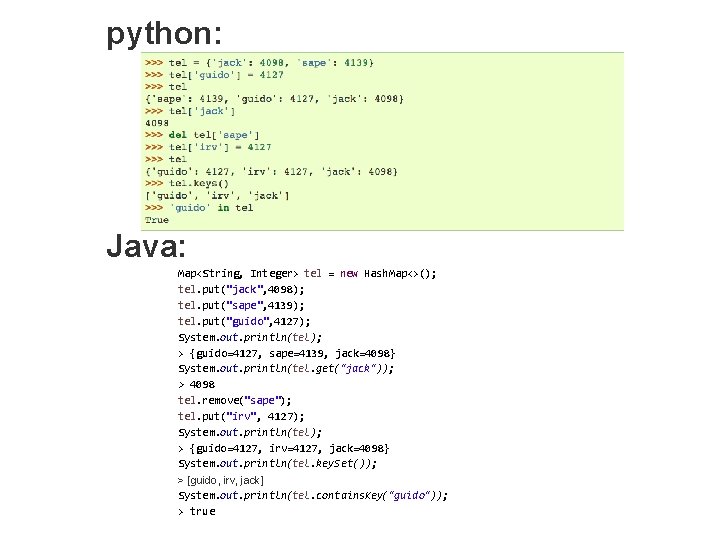 python: Java: Map<String, Integer> tel = new Hash. Map<>(); tel. put("jack", 4098); tel. put("sape",