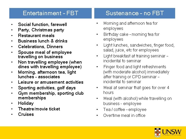 Entertainment – FBT • • • • Social function, farewell Party, Christmas party Restaurant