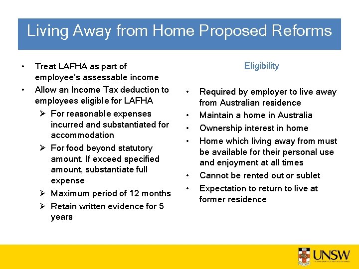Living Away from Home Proposed Reforms • • Treat LAFHA as part of employee’s