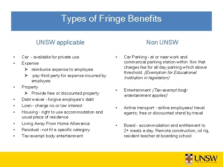 Types of Fringe Benefits UNSW applicable • • • Car – available for private