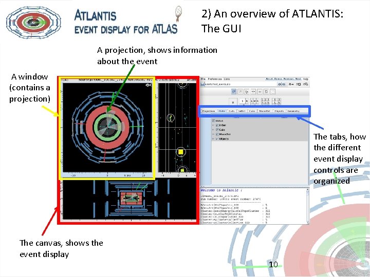 2) An overview of ATLANTIS: The GUI A projection, shows information about the event