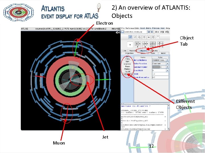 2) An overview of ATLANTIS: Objects Electron Object Tab Different Objects Muon Jet 12