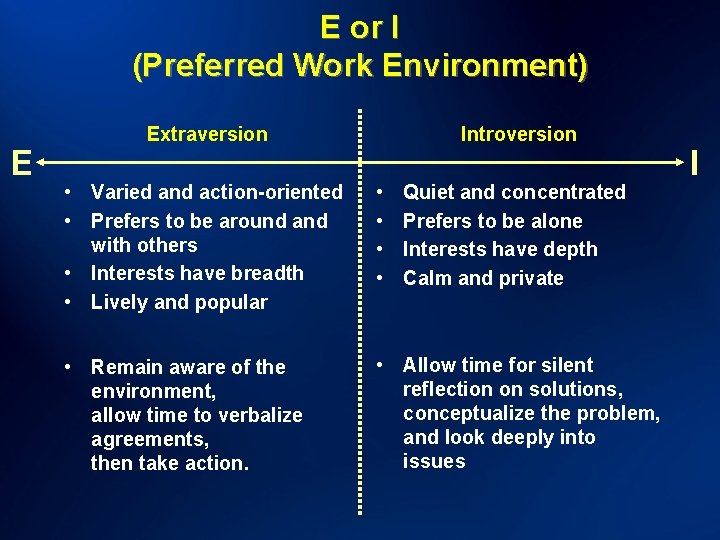 E or I (Preferred Work Environment) E Extraversion Introversion • Varied and action-oriented •