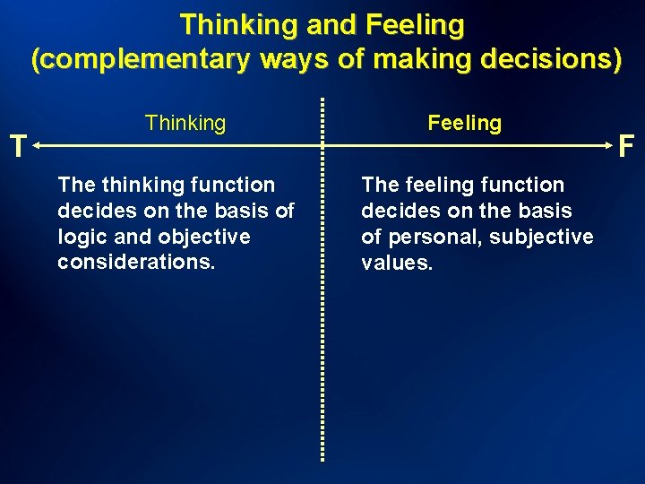 Thinking and Feeling (complementary ways of making decisions) T Thinking The thinking function decides