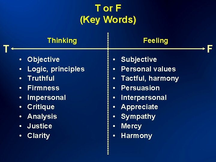 T or F (Key Words) Thinking T • • • Objective Logic, principles Truthful