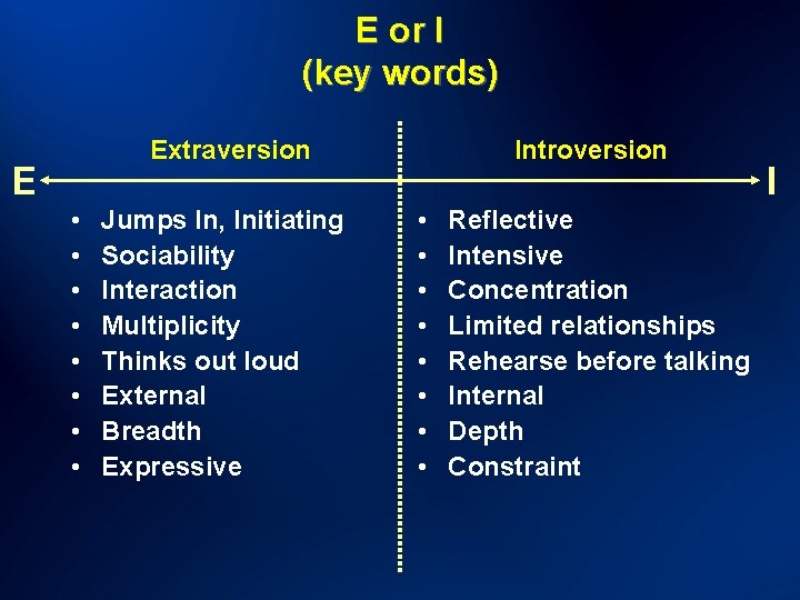 E or I (key words) Extraversion E • • Jumps In, Initiating Sociability Interaction