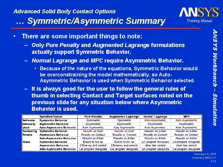 Advanced Solid Body Contact Options … Symmetric/Asymmetric Summary Training Manual – Only Pure Penalty